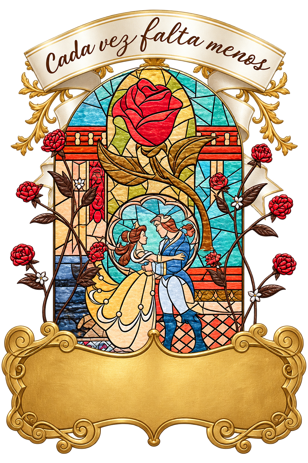 Vitral de una rosa encantada con marco dorado